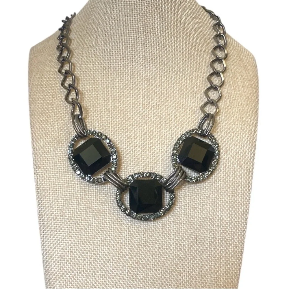 Black Faceted Crystal Statement Necklace Gunmetal Olivine Rhinestone Bib